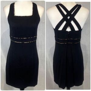 Vintage CDC black criss cross back sheath dress with animal print piping size 8P